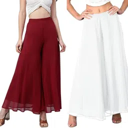affleon Pack of 2 Women Flared Maroon Georgette Trousers-picture-28