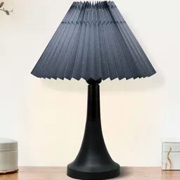 homesake Black Metal Table Lamp with Fabric Shade, E27 holder, Cone, Pleated Grey Shade image 1