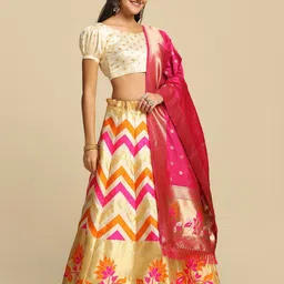 Warthy Ent Women White & Pink Semi-Stitched Lehenga & Unstitched Blouse With Dupatta image 5
