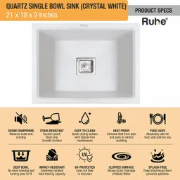 ruhe Quartz Single Bowl 21x18x9 inches Kitchen Sink| Crystal White Matte Finish Natural Crystal White Granite Stone Matt Finish Vessel Sink Vessel Sink image 2