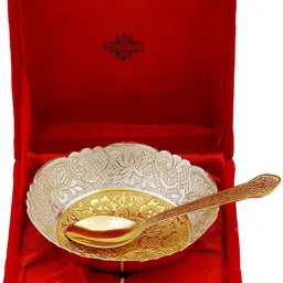 Silver Plated Gold Polished Decorative Embossed Flower Design Bowl And Spoon With Gift Box Festive Gifts Bowl, Spoon Serving Set-image-40