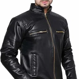 Men Solid Leather Jacket-image-17