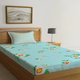 klotthe Multicolor Floral 300 TC Cotton Fitted Single Bedsheet with 1 Pillow Cover image 1