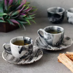 unravel india Vintage Chronical 160ml White & Black Ceramic (Set of 12) Tea Cup & Saucer Set image 1