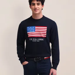 u.s. polo assn. Men Graphic Print Crew Neck Blue Sweater image 1