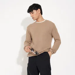 Men Solid Round Neck Beige Sweater-image-0