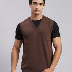 monte carlo Men Solid V Neck Brown Sweater-picture-45