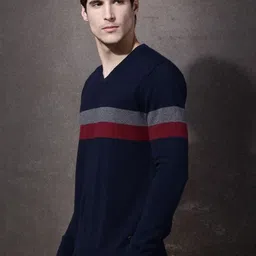 roadster Men Striped V Neck Multicolor Sweater image 3