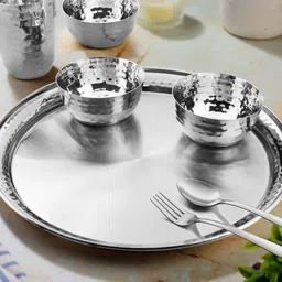 classic essentials Pack of 7 Stainless Steel High Grade Hammered Dinner Set | Serve for 1 Dinner Set-picture-18