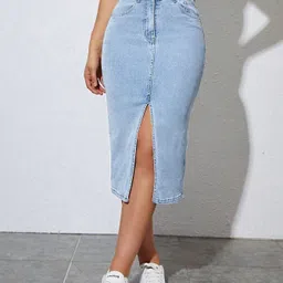 dolsia Women Solid Pencil Light Blue Skirt-picture-19