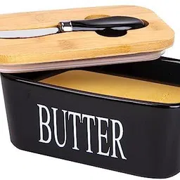 tendula Ceramic Storage Bowl Ceramic Storage Bowl Butter Box Dish with knife&Wooden Lid Airtight container Disposable image 2