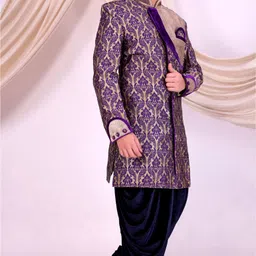 Pooja Ethnic Pooja Ethnic Men's Purple Silk Indo Western with Dhoti PE9041 Embroidered Sherwani image 3