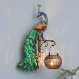 decorum Decorative Peacock Multicolour Iron Wall Hanging Tea Light Holder image 1