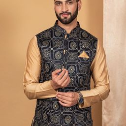 KISAH Men Navy Blue Woven Design Nehru Jacket-picture-36