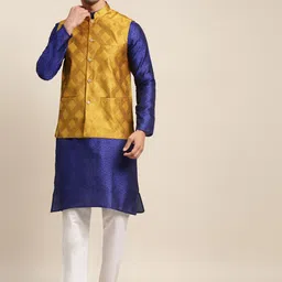 SOJANYA Men Blue Woven Design Kurta with Pyjama & Nehru Jacket-image-60