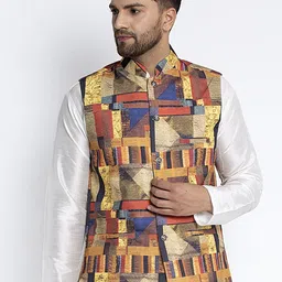 Benstoke Men Yellow & Red Printed Woven Nehru Jacket-picture-14