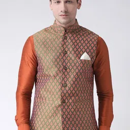 DEYANN Men Green & Orange Printed Nehru Jacket-picture-30