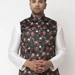 Benstoke Men Black & Pink Floral Printed Woven Nehru Jacket-picture-38