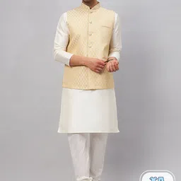 VASTRAMAY Mandarin Collar Straight Kurta With Churidar & Woven Design Nehru Jacket image 1
