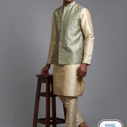 VASTRAMAY Mandarin Collar Regular Kurta with Trousers And Embellished Nehru Jacket-image-79