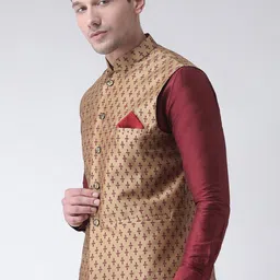DEYANN Men Gold-colored & Maroon Printed Woven Dupion Silk Nehru Jacket image 3