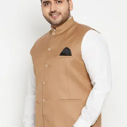 VASTRAMAY Men Beige Solid Bandhgala Woven Nehru Jacket image 4
