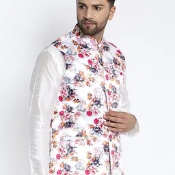 Benstoke Men White & Pink Printed Woven Nehru Jacket image 3