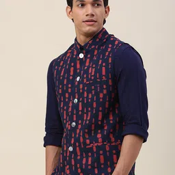 Fabindia Men Blue Printed Pure Cotton Nehru Jackets image 5