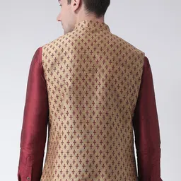 DEYANN Men Gold-colored & Maroon Printed Woven Dupion Silk Nehru Jacket image 2
