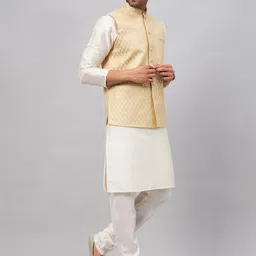 VASTRAMAY Mandarin Collar Straight Kurta With Churidar & Woven Design Nehru Jacket image 4