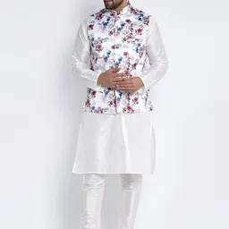 Benstoke Men White & Blue Printed Woven Nehru Jacket image 3