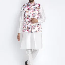Benstoke Men White & Pink Printed Woven Nehru Jacket image 4