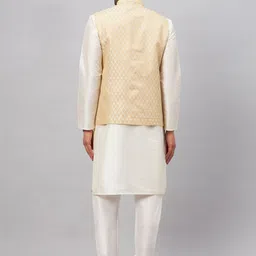 VASTRAMAY Mandarin Collar Straight Kurta With Churidar & Woven Design Nehru Jacket image 5