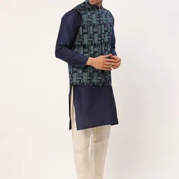 Jompers Men Navy Blue & Sea Green Woven Nehru Jacket image 3