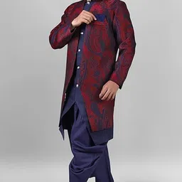 Ethzy Men's Red Jacquard Casual Regular Full Sleeve Indo Western with Dhoti Set - Traditional and Trendy image 4
