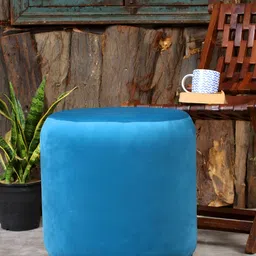 Shadowkart Blue Velvet & Wooden Round Ottoman-picture-44