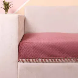 stitchnest Peach Solid Velvet 1 Seater Quilted Sofa Cover (Protector) with Pompom-picture-10