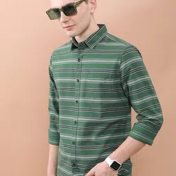 HIGHLANDER Green & White Horizontal Striped Slim Fit Twill Weave Casual Shirt image 4