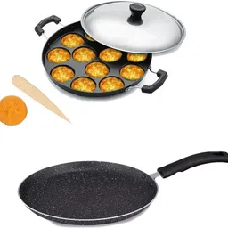 Aluminium Cookware Set 1 Appam Patra With Lid, 1 Dosa Tawa with Spatula K4 Tawa 27.5 cm diameter with Lid-image-22