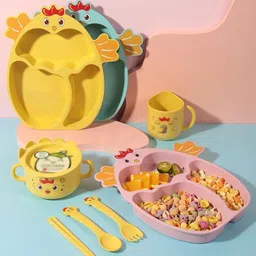 mishavivek Bamboo Fibre Baby Feeding Set with Plate, Bowl, Cup, Spoon, Fork, Chopsticks Dinner Plate-picture-41