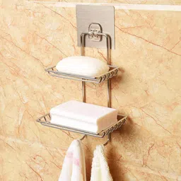 empire corporation Wall Mounted Double Layer soap Dish Holder Stainless Steel Wall Hanging Soap Storage Rack for Kitchen Bathroom-with Self Adhesive Magic Sticker image 5