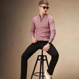 dennis lingo Men Solid High Neck Pink Sweater image 5