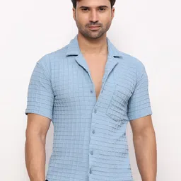 ZARIMO Standard Grid Tattersall Checked Lapel Collar Short Sleeves Regular Fit Shirt-picture-44