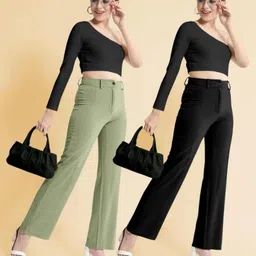 green-shade Pack of 2 Women Regular Fit Multicolor Lycra Blend Trousers-picture-24