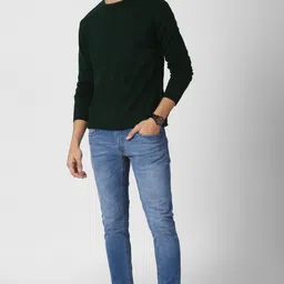 peter england Men Solid Round Neck Green Sweater image 5