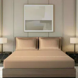 platina india Beige Solid Colour Base With Leaf Embroidery 500 Tc Cotton King Sized Double Bedsheet With 2 Pillow Covers image 1