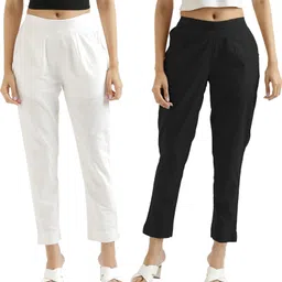 houseofcommon Pack of 2 Women Regular Fit White, Black Pure Cotton Trousers-picture-28