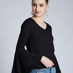 harpa Casual Bell Sleeves Solid Women Black Top image 4