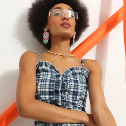 Veni Vidi Vici White & Blue Checked Frilled Shoulder Straps Top image 2