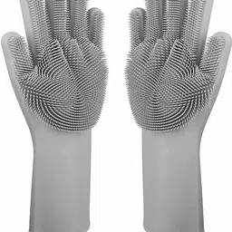 nea Dishwashing Gloves with Wash Scrubber + Magic Silicone Gloves + Heat Resistant + Reusable Cleaning Gloves for Kitchen,Car, Bathroom and Pet -(Grey, 1 Pair) Wet and Dry Glove Set-picture-16